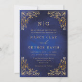 Invitation Monogramme classique Gold Frame Ornate Blue Mariag (Devant)