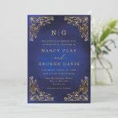 Invitation Monogramme classique Gold Frame Ornate Blue Mariag (Debout devant)