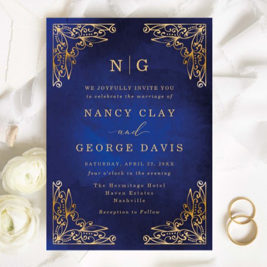 Invitation Monogramme classique Gold Frame Ornate Blue Mariag