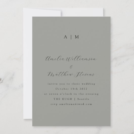 Invitation Monogramme classique gris et Mariage de script noi (Devant)