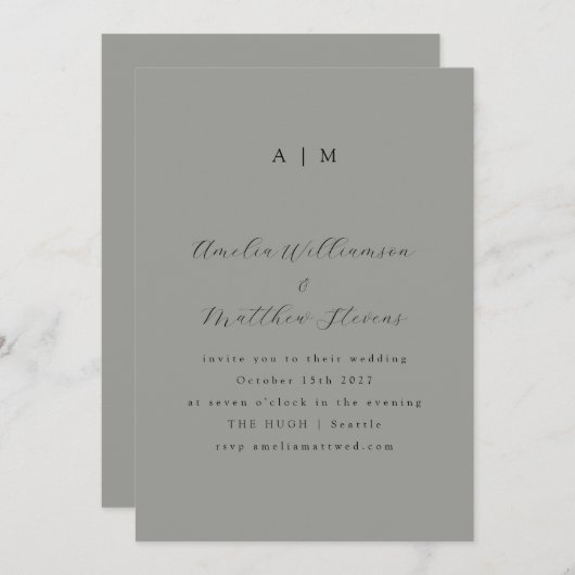 Invitation Monogramme classique gris et Mariage de script noi (Devant / Derrière)