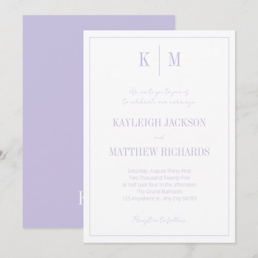 Invitation Monogramme classique Lavande Mariage élégant (Devant / Derrière)
