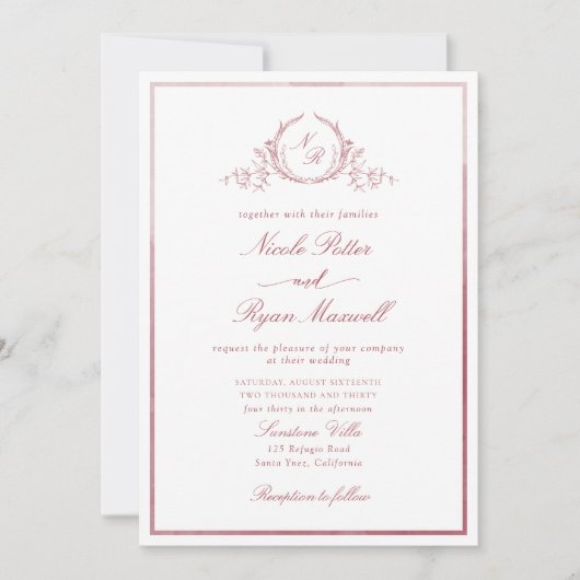 Invitation Monogramme classique Mariage d'aquarelle Bourgogne (Devant)