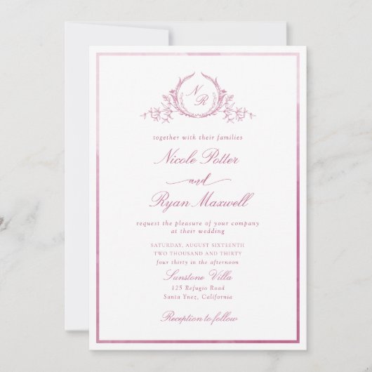 Invitation Monogramme classique Mariage d'aquarelle rose mauv (Devant)