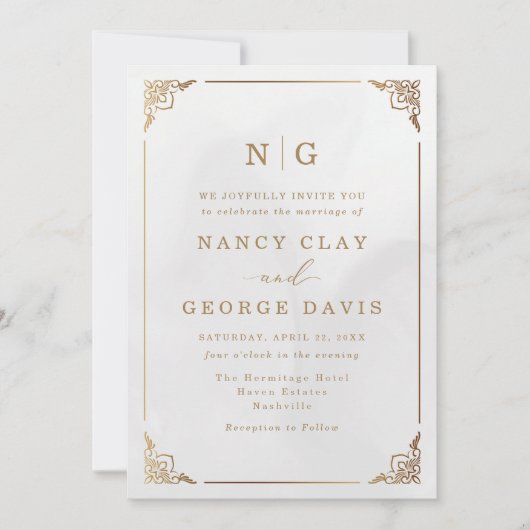 Invitation Monogramme classique Mariage de trame ornée or (Devant)