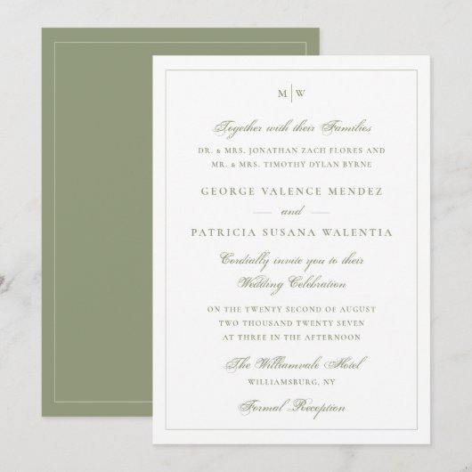 Invitation Monogramme Classique Mariage Élégant Vert de Mouss (Devant / Derrière)