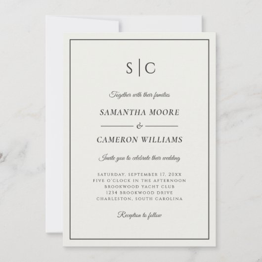 Invitation Monogramme classique Mariage moderne crème & noir (Devant)