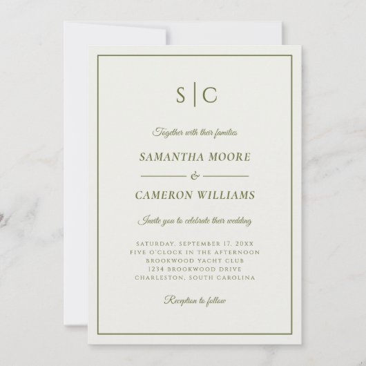 Invitation Monogramme classique Mariage moderne crème & vert (Devant)