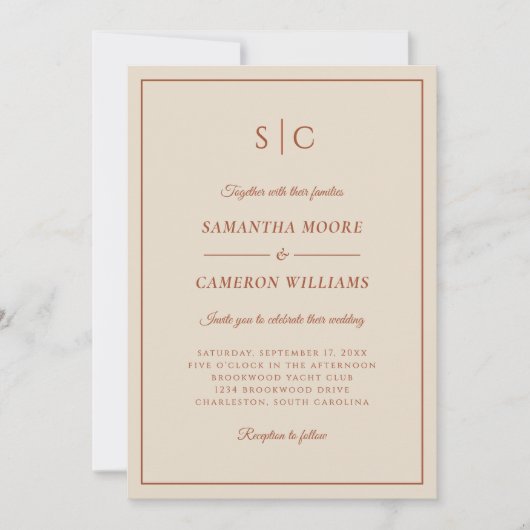 Invitation Monogramme classique Mariage moderne en terre cuit (Devant)