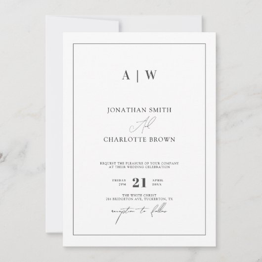 Invitation Monogramme classique Mariage noir et blanc (Devant)