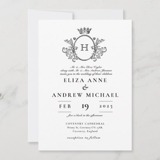 Invitation Monogramme classique Mariage noir et blanc (Devant)