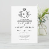 Invitation Monogramme classique Mariage noir et blanc (Debout devant)
