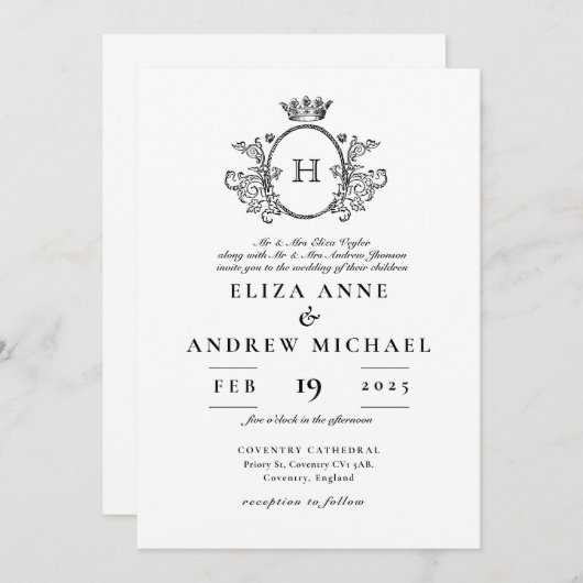 Invitation Monogramme classique Mariage noir et blanc (Devant / Derrière)