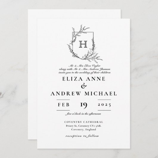 Invitation Monogramme classique Mariage noir et blanc (Devant / Derrière)