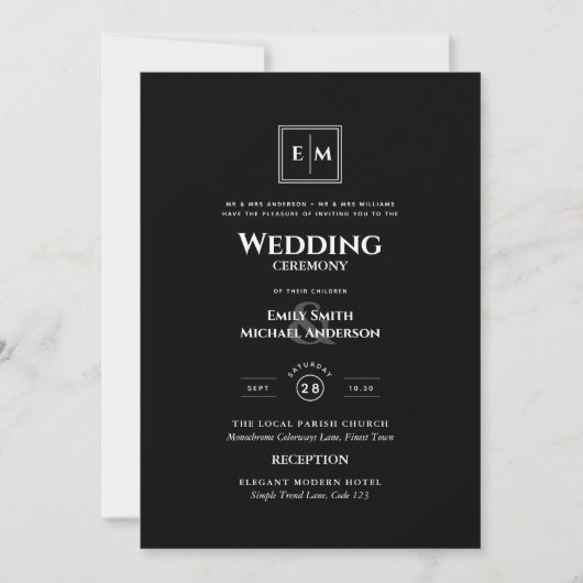 Invitation Monogramme classique Mariage officiel noir tout en (Devant)