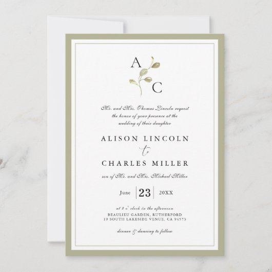 Invitation Monogramme classique Mariage vert Sage (Devant)