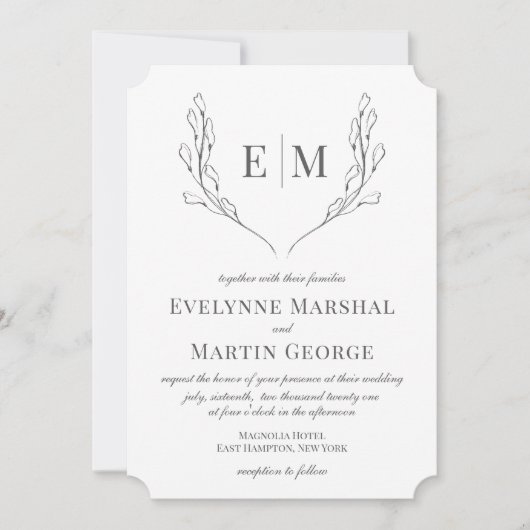 Invitation Monogramme classique noir blanc Mariage floral (Devant)