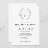 Invitation Monogramme classique noir blanc Mariage frontal In (Devant / Derrière)