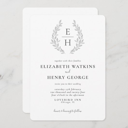 Invitation Monogramme classique noir blanc Mariage frontal In (Devant / Derrière)