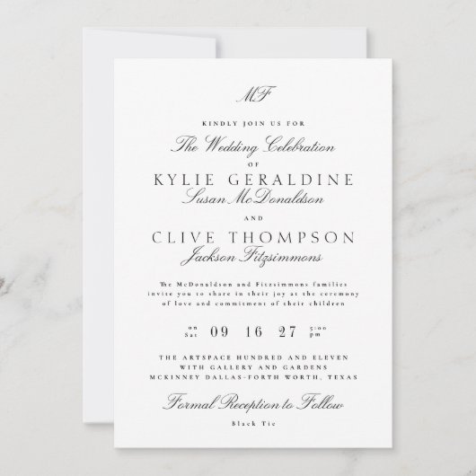Invitation Monogramme classique noir Mariage blanc (Devant)