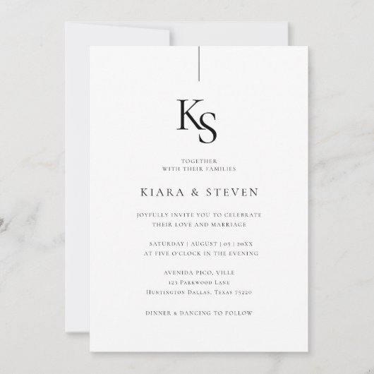 Invitation Monogramme classique simple | Mariage noir et blan (Devant)