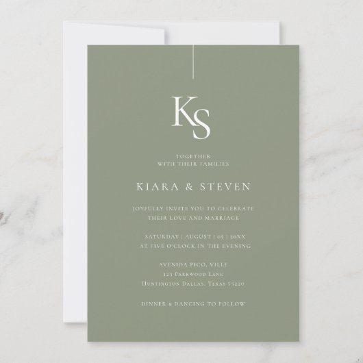 Invitation Monogramme classique simple | Mariage vert Sage (Devant)