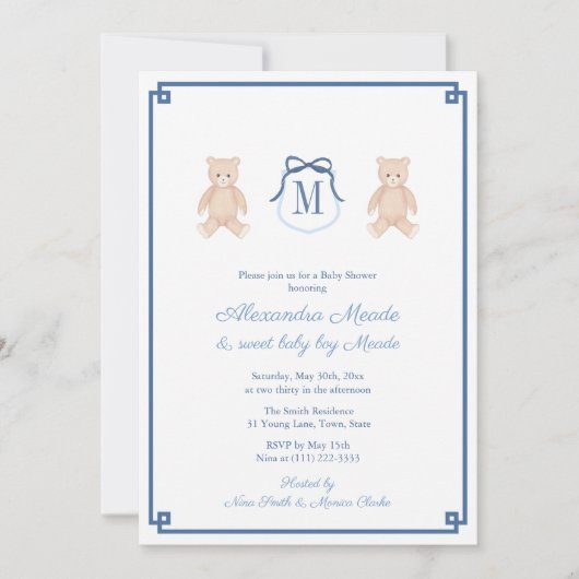Invitation Monogramme classique Teddy ours bébé garçon douche (Devant)