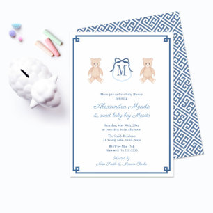 Invitation Monogramme classique Teddy ours bébé garçon douche