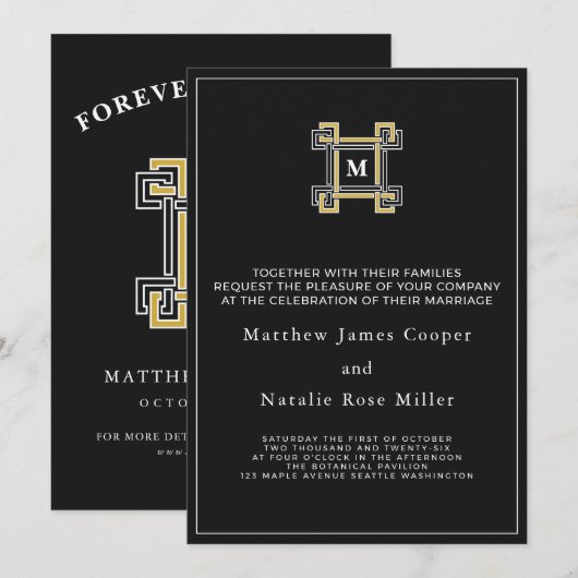 Invitation Monogramme Clé Grecque Luxe Noir Or (Devant / Derrière)