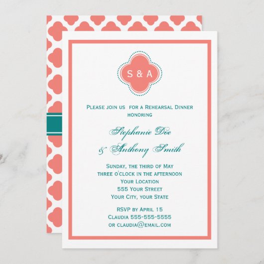 Invitation Monogramme Coral rose et Mariage Quatrefoil Turquo (Devant / Derrière)