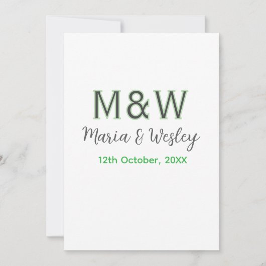 Invitation Monogramme couple gris vert moderne romantique dat (Devant)