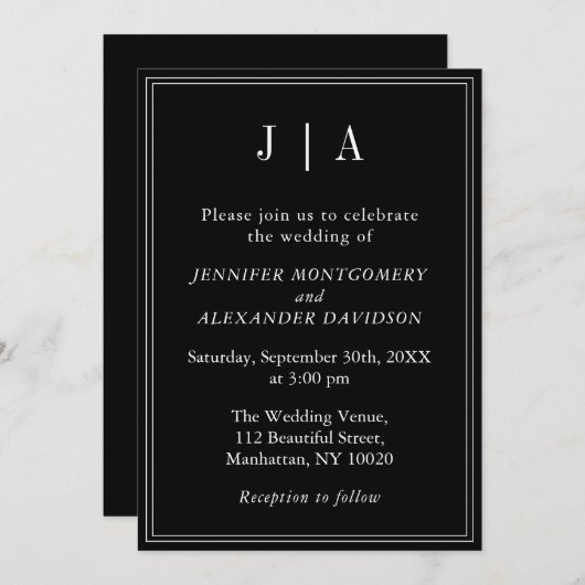 Invitation Monogramme Couple Nom Moderne Simple Noir Et Blanc (Devant / Derrière)