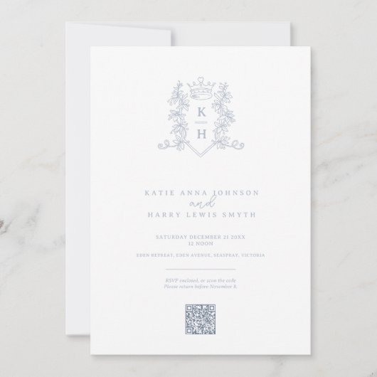 Invitation Monogramme couronne blanc argent mariage QR code (Devant)