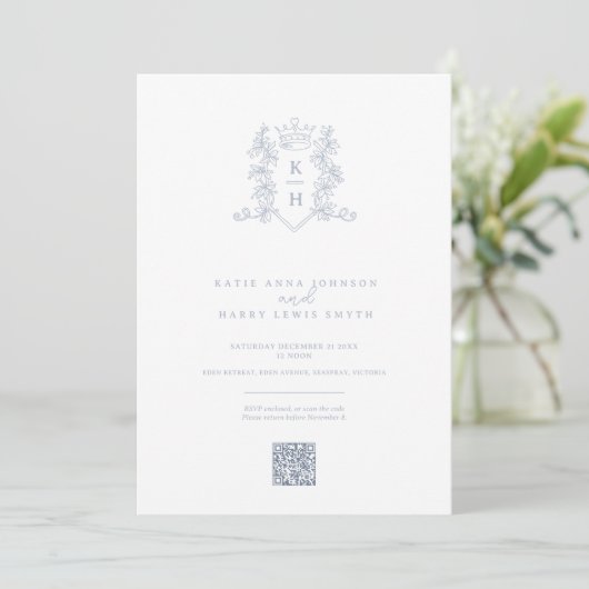 Invitation Monogramme couronne blanc argent mariage QR code (Debout devant)