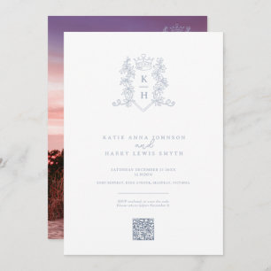 Invitation Monogramme couronne blanc argent mariage QR code
