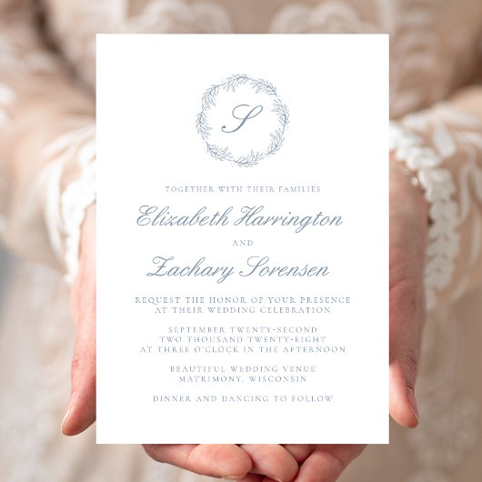 Invitation Monogramme Couronne Bleu Poussiéreux Classique Scr