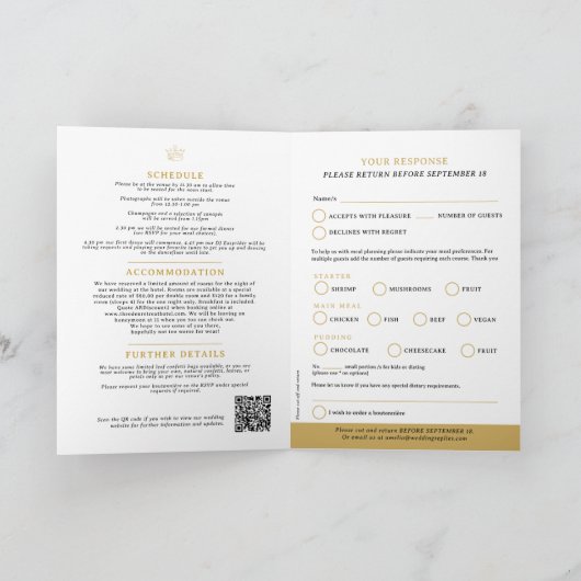 Invitation Monogramme couronne d'or noir option repas mariage (Intérieur)