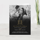 Invitation Monogramme couronne d'or noir option repas mariage (Devant)