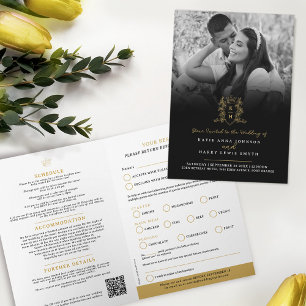 Invitation Monogramme couronne d'or noir option repas mariage