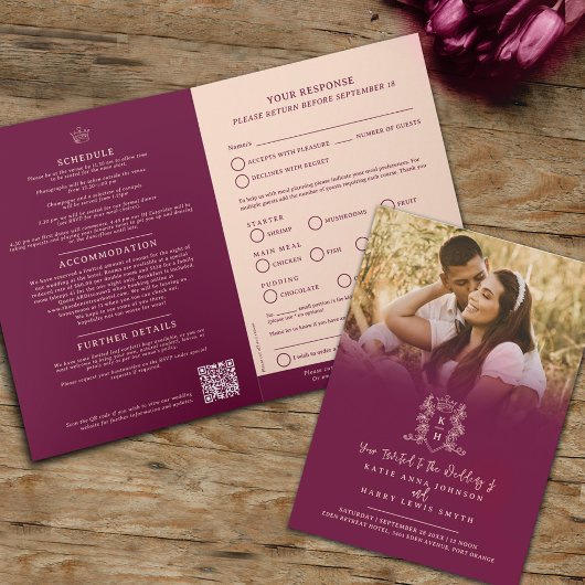 Invitation Monogramme couronne rouge foncé option repas maria