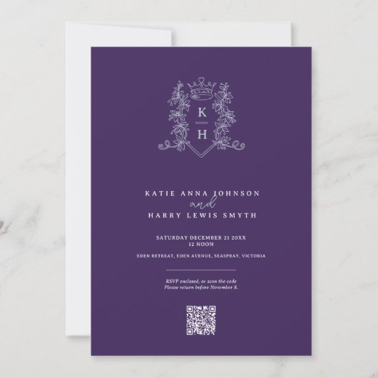 Invitation Monogramme couronne violet argent mariage QR code (Devant)