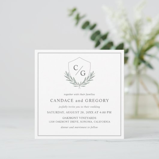Invitation Monogramme Crest avec branches d'olivier Mariage (Debout devant)