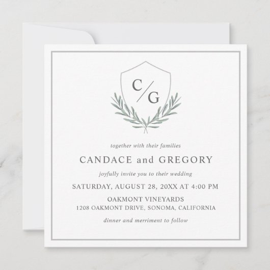 Invitation Monogramme Crest avec branches d'olivier Mariage (Devant)