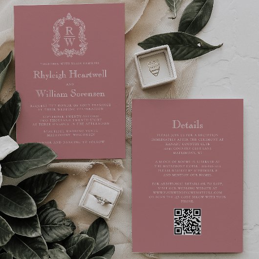 Invitation Monogramme Crest Dusty Rose QR Code Mariage
