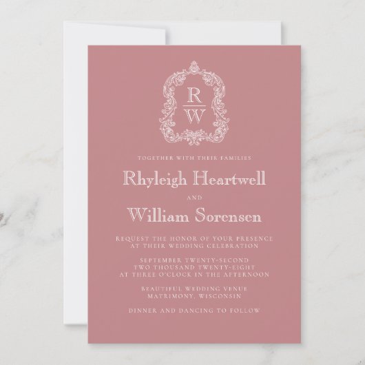 Invitation Monogramme Crest Dusty Rose QR Code Mariage (Devant)