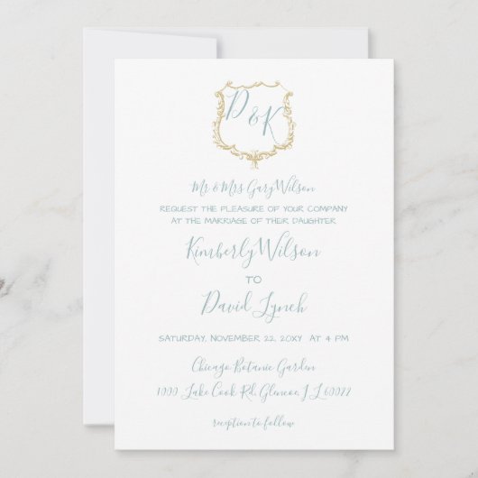 Invitation Monogramme Crest Gold Dusty bleu Mariage (Devant)