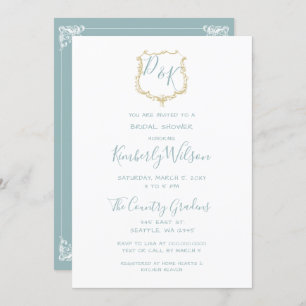 Invitation Monogramme Crest Gold Dusty Fête des mariées bleue