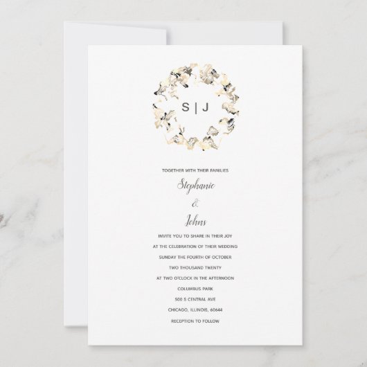 Invitation Monogramme Crest Grey Blanc Boho Simple Mariage (Devant)