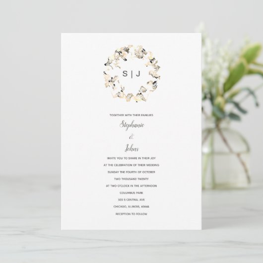 Invitation Monogramme Crest Grey Blanc Boho Simple Mariage (Debout devant)