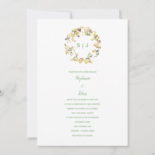 Invitation Monogramme Crest Jaune Vert Blanc Boho Mariage (Devant)